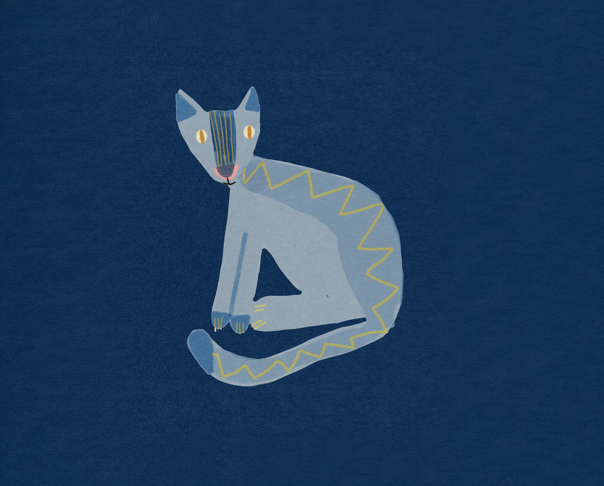 Eine stilisierte Illustration zeigt eine sitzende graublaue Katze mit gelben Zickzackstreifen an Rücken und Schwanz auf dunkelblauem Grund.