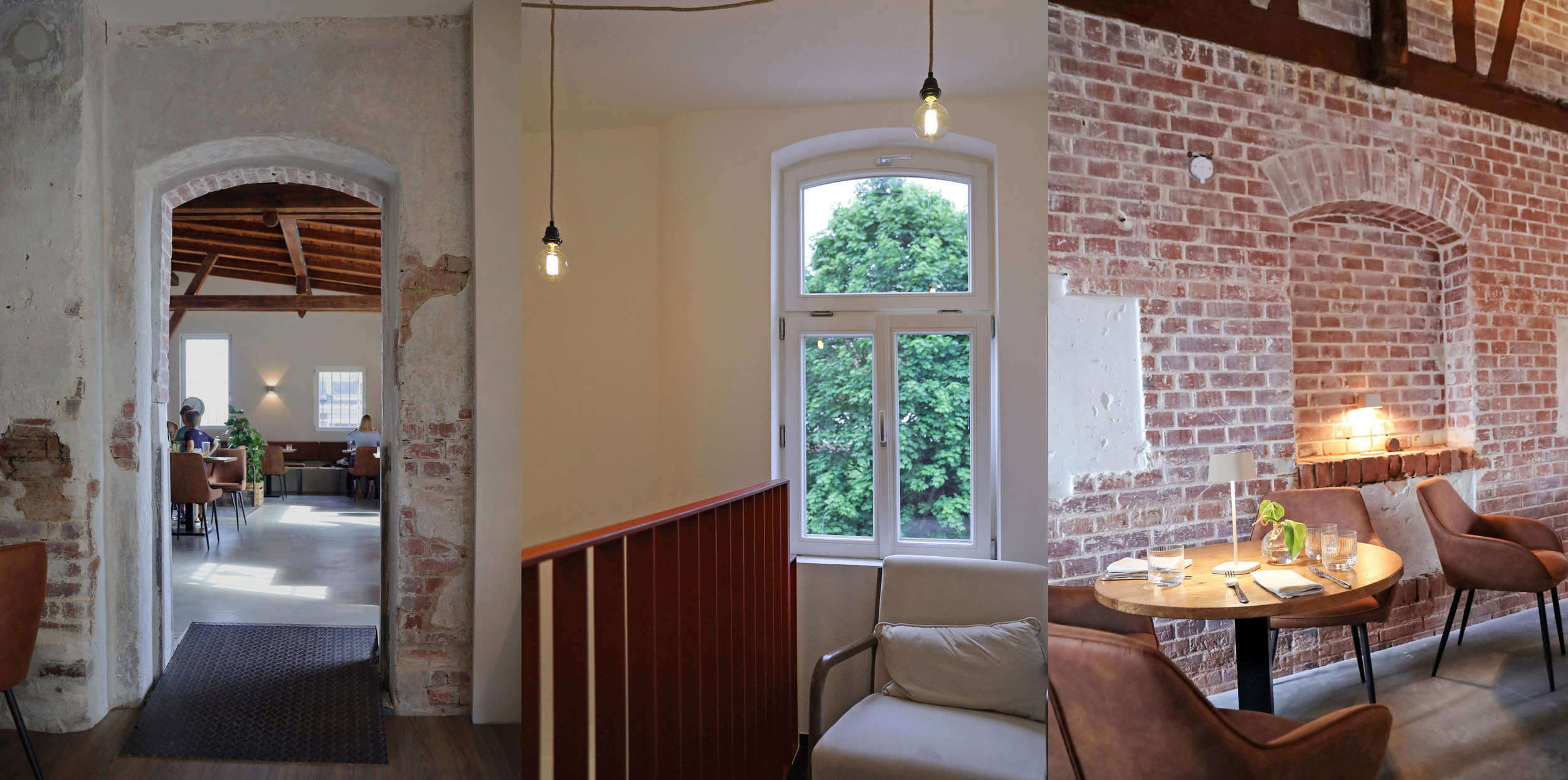 Drei Ansichten des AKM Interior Design zeigen einen Gastraum mit freigelegtem Backstein, hohen Fenstern und warmem Licht.