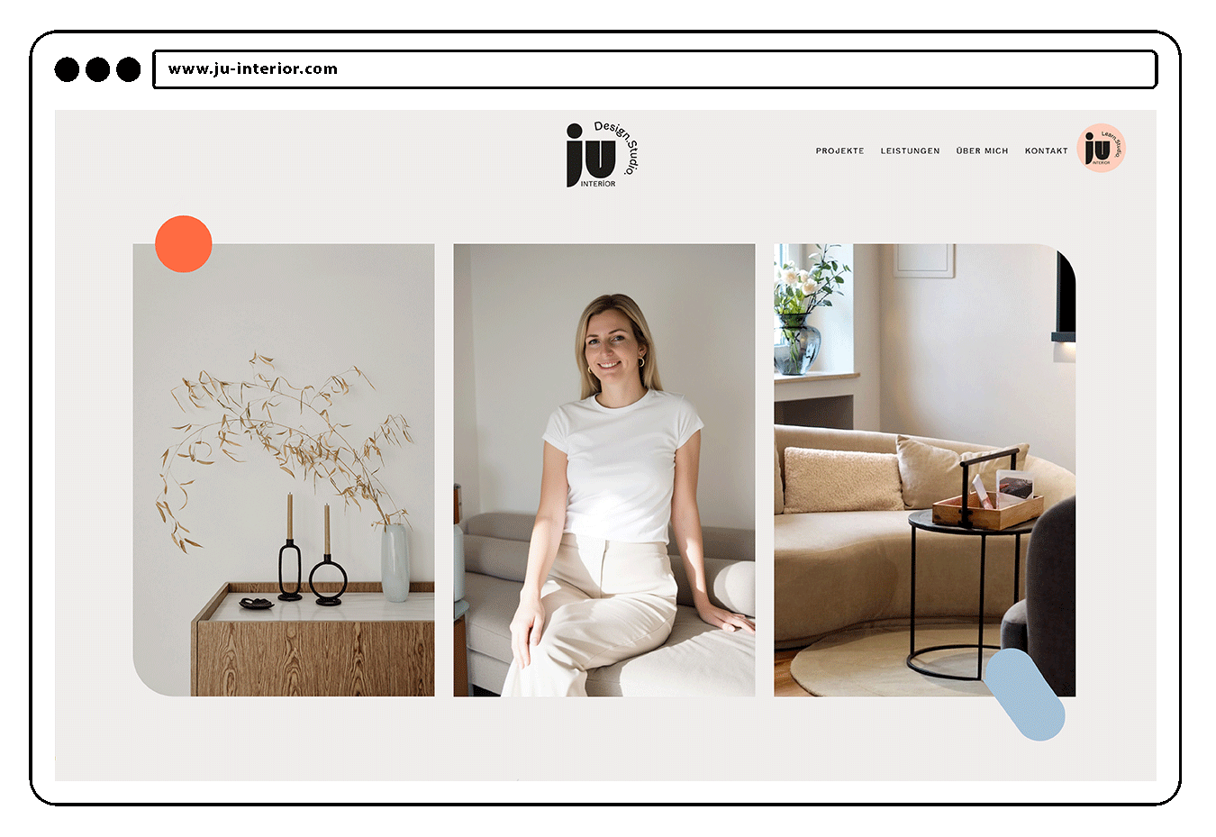 Drei Bilder in einem Layout, das Design und Fotografie zeigt, mit einer Frau in einem hellen Raum.