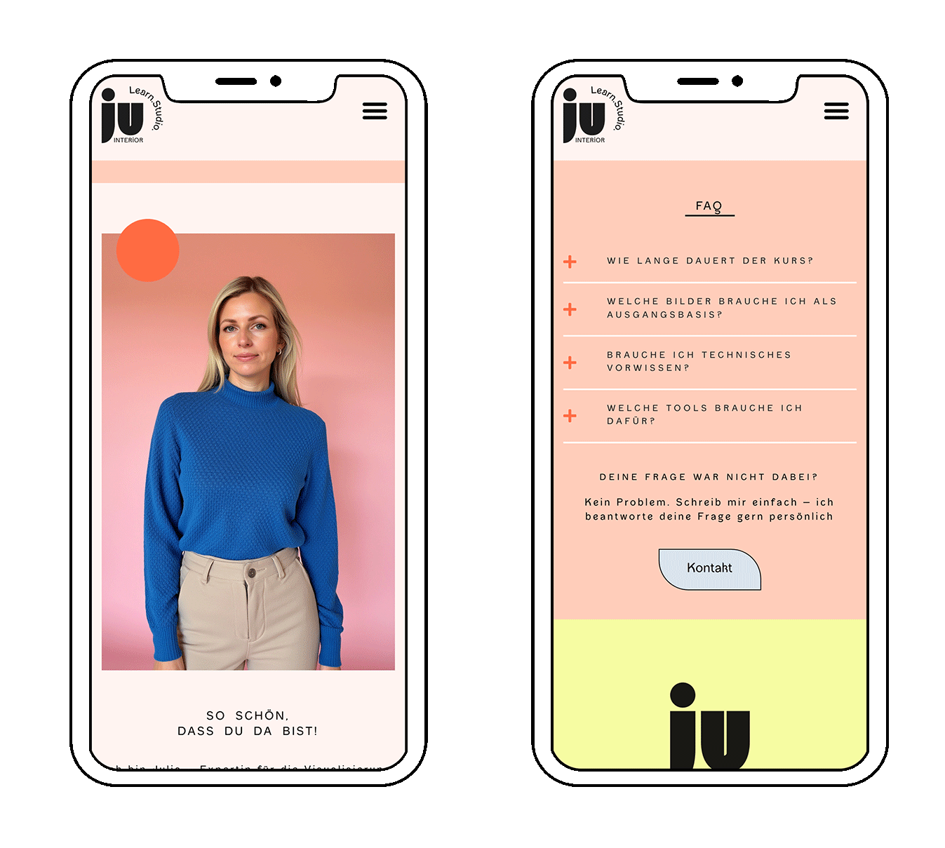 Mobile Benutzeroberfläche mit einer Frau in blauer Kleidung und einem FAQ-Bereich auf der rechten Seite.