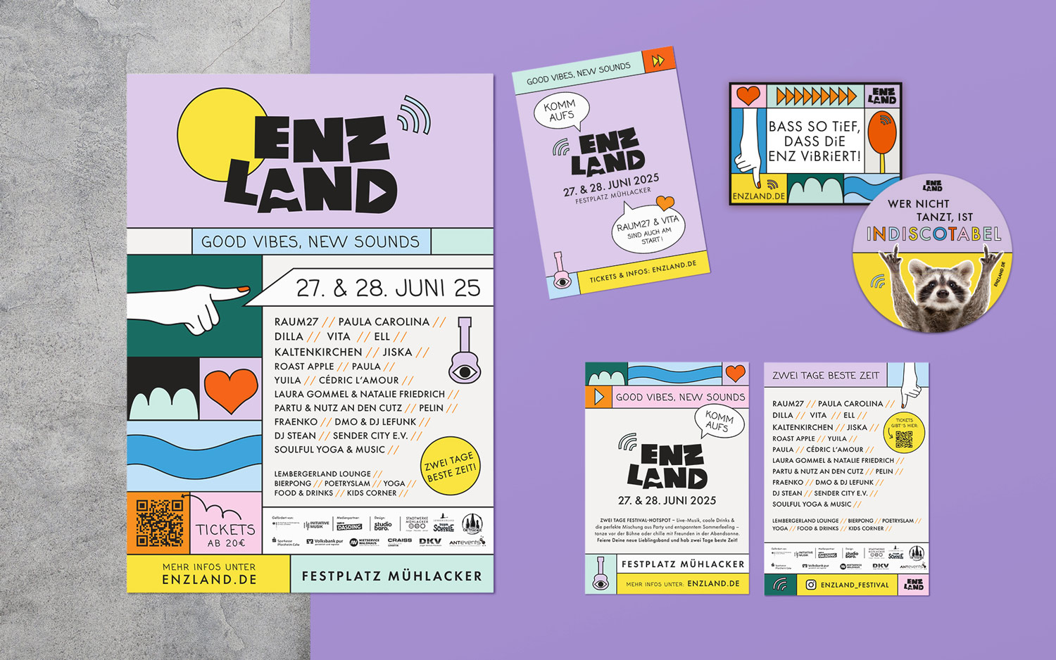 Plakat und Merchandise-Artikel für das Enzland Festival mit verschiedenen Designs und Informationen.