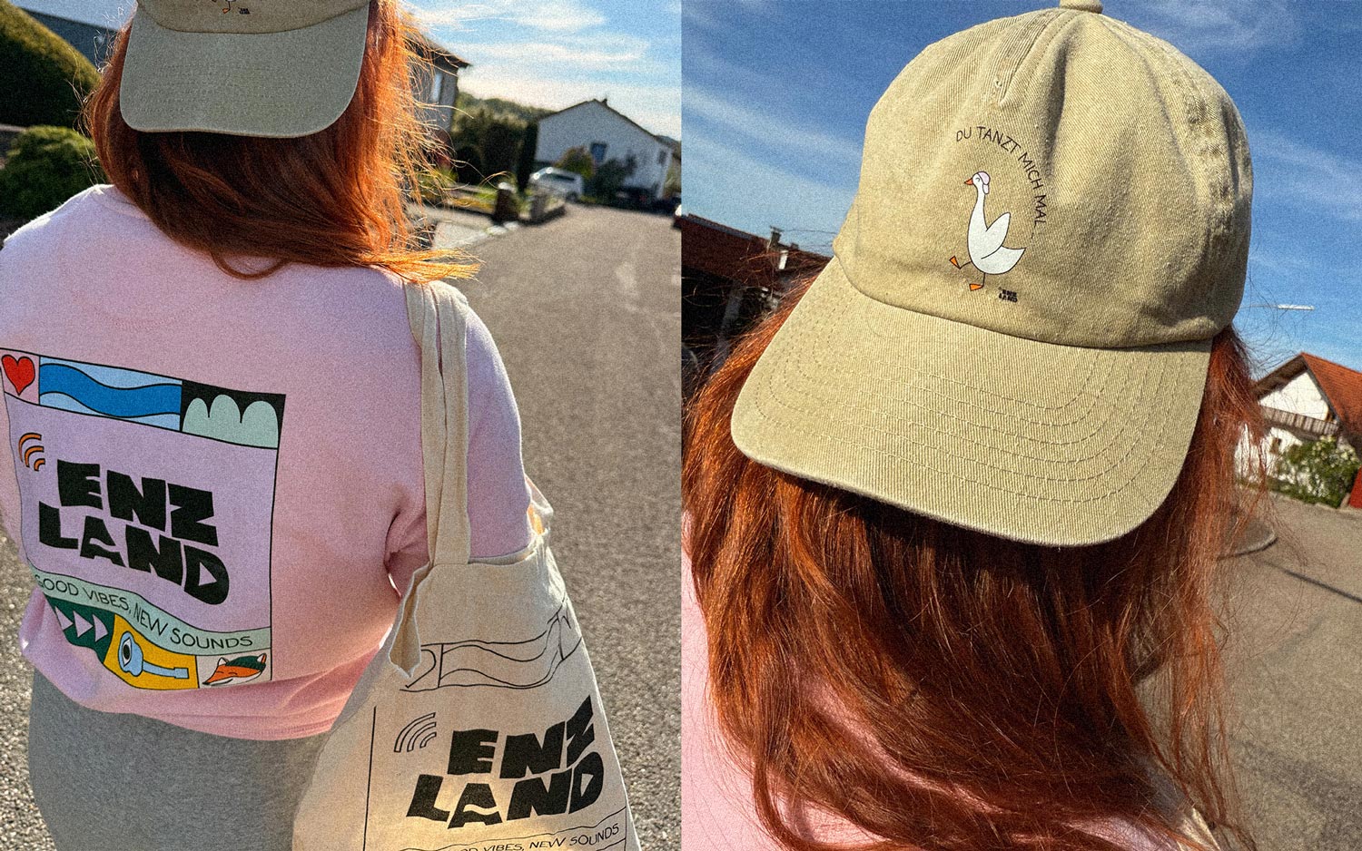 Eine Person trägt ein T-Shirt mit dem Enzland-Logo und eine Mütze mit einer Gans auf der Vorderseite.